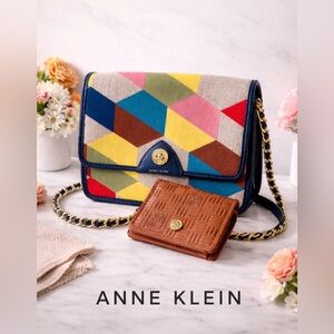 Anne Klein Colorful Geometric Chain Flap Crossbody Purse & Brown Wallet Set